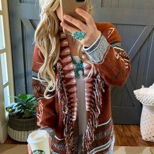 New Cowichan Aztec Print Fringed Cardigan Sweater